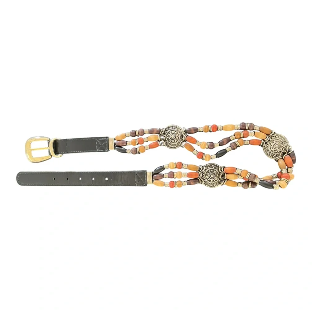 Vintage leather beaded belt boho mixed metal Medium 32”waist adjustable